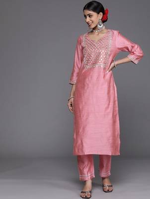 Women Pink Embroidered Mirror Work Kurta with Trouser 1