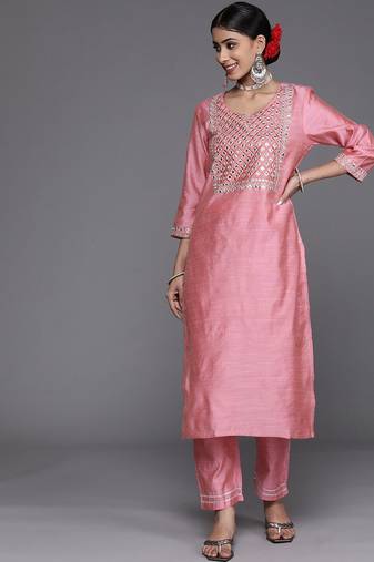 Women Pink Embroidered Mirror Work Kurta with Trouser