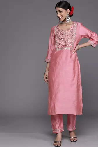 Women Pink Embroidered Mirror Work Kurta with Trouser