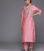 Women Pink Embroidered Mirror Work Kurta with Trouser