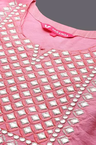 Women Pink Embroidered Mirror Work Kurta with Trouser