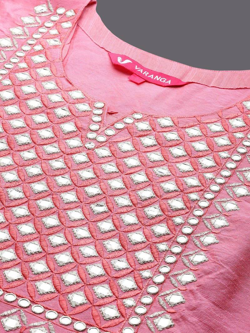 Women Pink Embroidered Mirror Work Kurta with Trouser