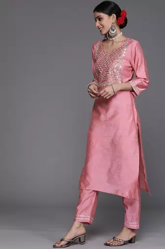 Women Pink Embroidered Mirror Work Kurta with Trouser