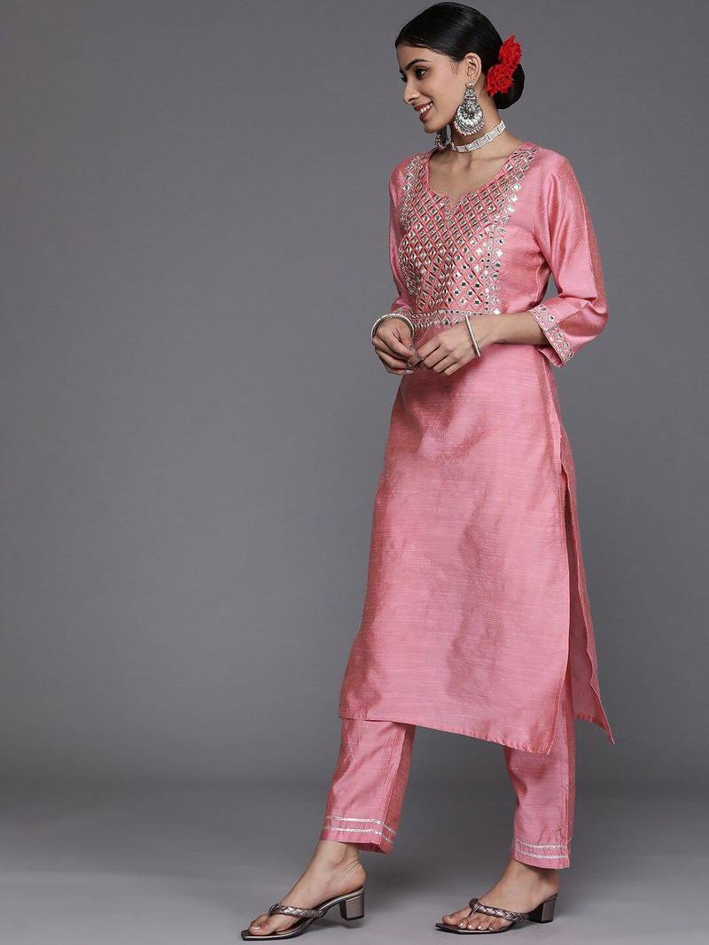Women Pink Embroidered Mirror Work Kurta with Trouser