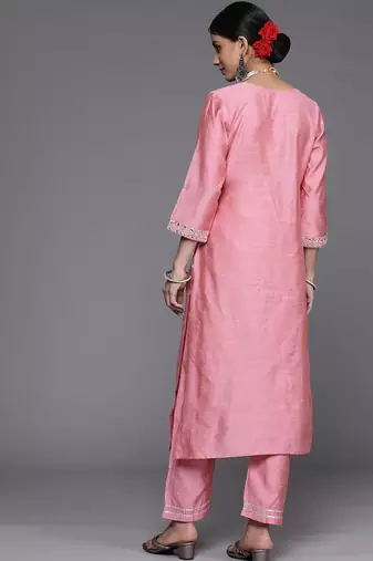 Women Pink Embroidered Mirror Work Kurta with Trouser