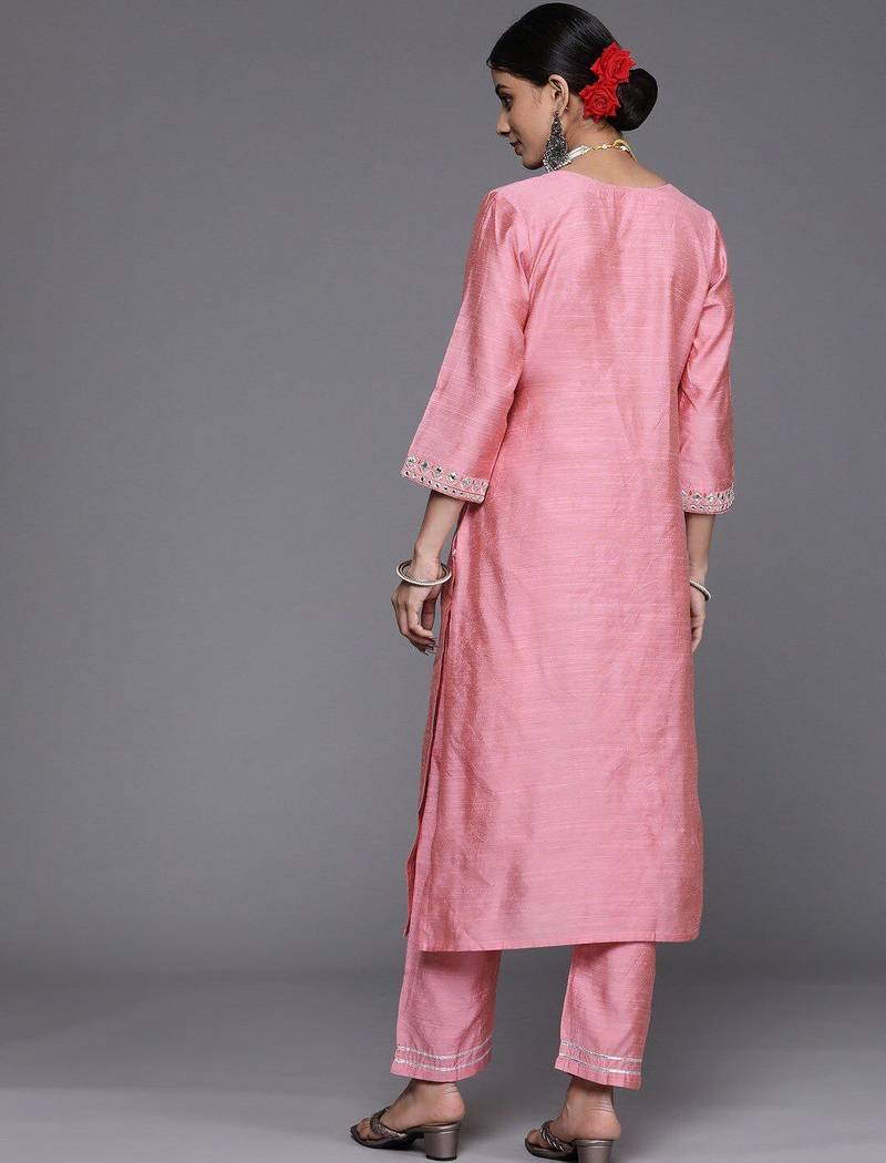 Women Pink Embroidered Mirror Work Kurta with Trouser