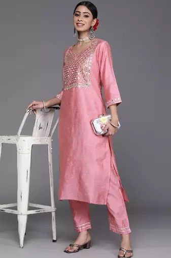 Women Pink Embroidered Mirror Work Kurta with Trouser