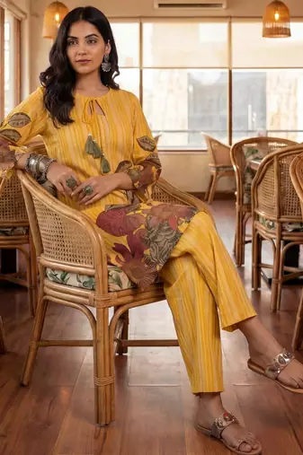 yellow floral and striped print straight cotton co-ord set