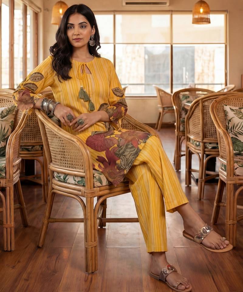 yellow floral and striped print straight cotton co-ord set