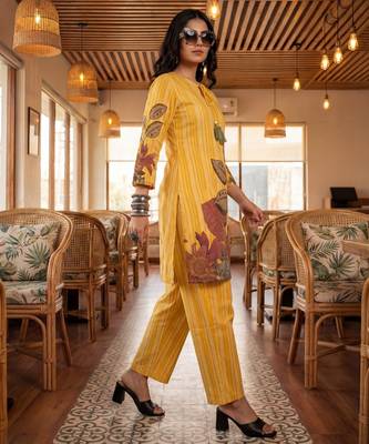 yellow floral and striped print straight cotton co-ord set 2