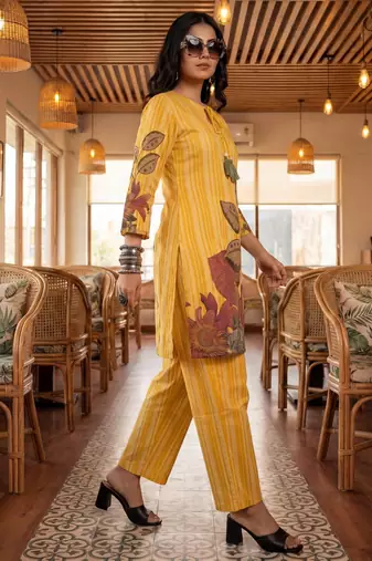 yellow floral and striped print straight cotton co-ord set