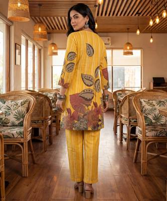 yellow floral and striped print straight cotton co-ord set 3