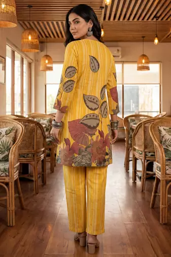 yellow floral and striped print straight cotton co-ord set