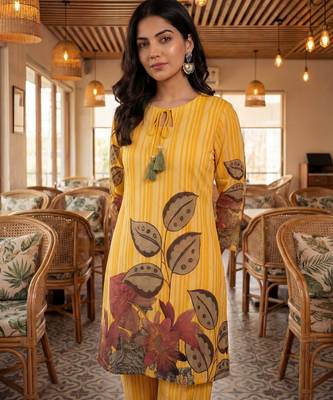 yellow floral and striped print straight cotton co-ord set 4