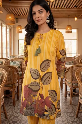 yellow floral and striped print straight cotton co-ord set