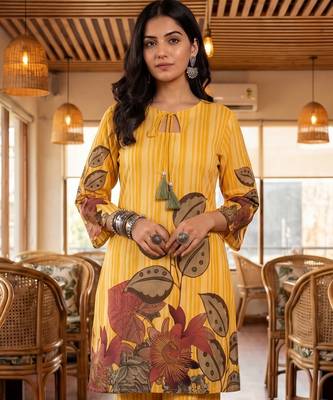 yellow floral and striped print straight cotton co-ord set 5