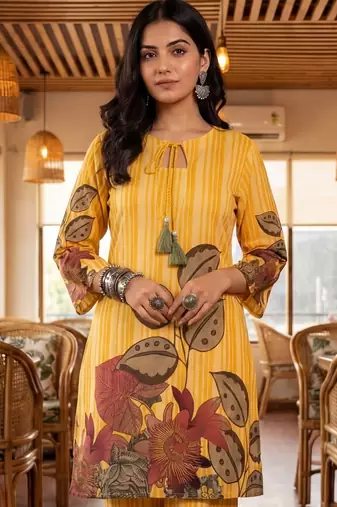 yellow floral and striped print straight cotton co-ord set