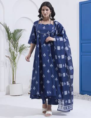 Yufta navy blue cotton kalidaar style kurta pant dupatta set 1