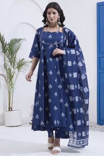 Yufta navy blue cotton kalidaar style kurta pant dupatta set