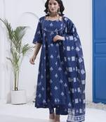 Yufta navy blue cotton kalidaar style kurta pant dupatta set