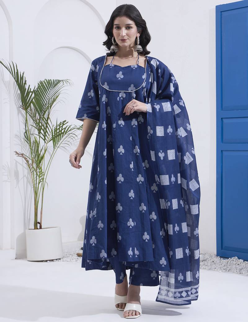 Yufta navy blue cotton kalidaar style kurta pant dupatta set
