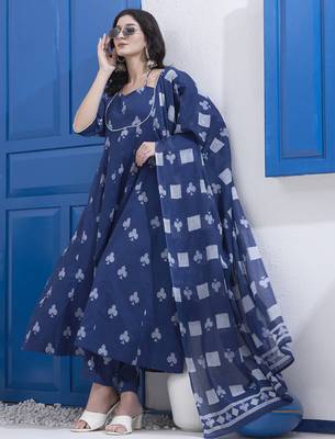 Yufta navy blue cotton kalidaar style kurta pant dupatta set 2