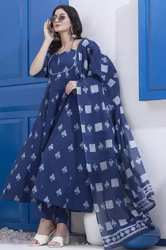 Yufta navy blue cotton kalidaar style kurta pant dupatta set