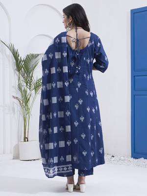 Yufta navy blue cotton kalidaar style kurta pant dupatta set 3