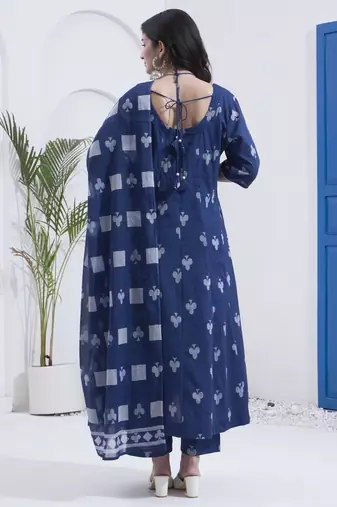 Yufta navy blue cotton kalidaar style kurta pant dupatta set