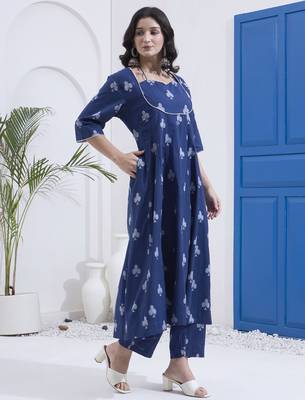 Yufta navy blue cotton kalidaar style kurta pant dupatta set 5