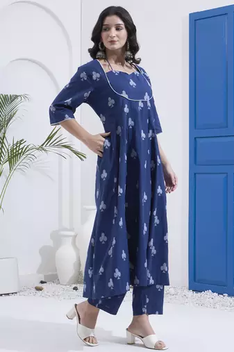 Yufta navy blue cotton kalidaar style kurta pant dupatta set