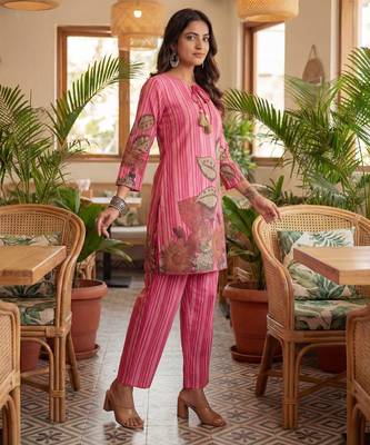 pink floral and striped print straight cotton co-ord set 2
