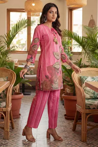 pink floral and striped print straight cotton co-ord set
