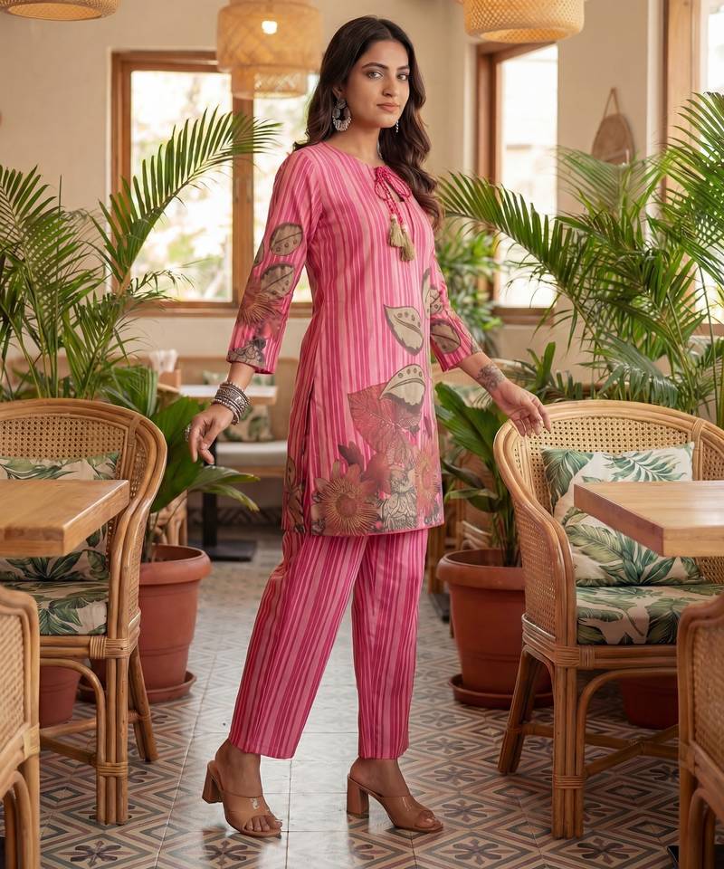 pink floral and striped print straight cotton co-ord set