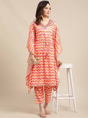 Coral Red Chevron Printed Zari Embroidery Neckline Kaftan Kurta with Trousers 1