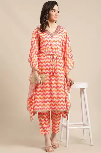 Coral Red Chevron Printed Zari Embroidery Neckline Kaftan Kurta with Trousers