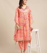 Coral Red Chevron Printed Zari Embroidery Neckline Kaftan Kurta with Trousers