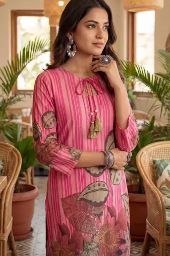 pink floral and striped print straight cotton co-ord set
