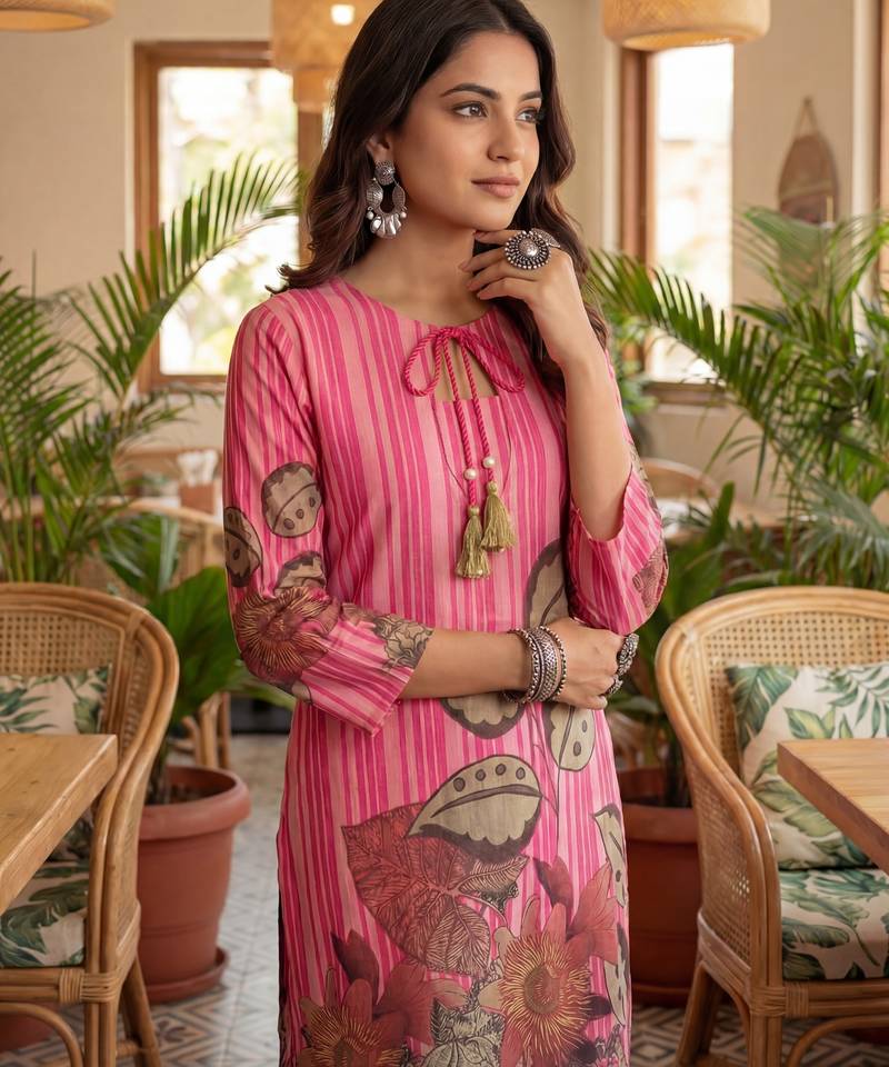 pink floral and striped print straight cotton co-ord set