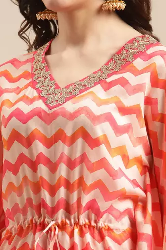 Coral Red Chevron Printed Zari Embroidery Neckline Kaftan Kurta with Trousers