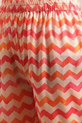 Coral Red Chevron Printed Zari Embroidery Neckline Kaftan Kurta with Trousers