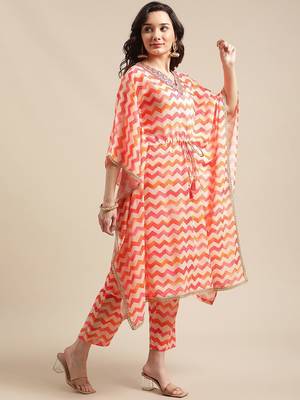 Coral Red Chevron Printed Zari Embroidery Neckline Kaftan Kurta with Trousers 4