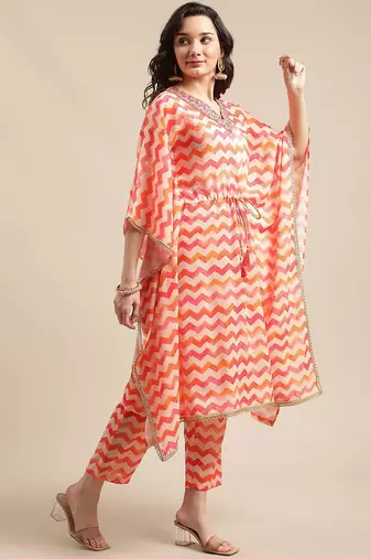 Coral Red Chevron Printed Zari Embroidery Neckline Kaftan Kurta with Trousers