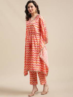 Coral Red Chevron Printed Zari Embroidery Neckline Kaftan Kurta with Trousers 5