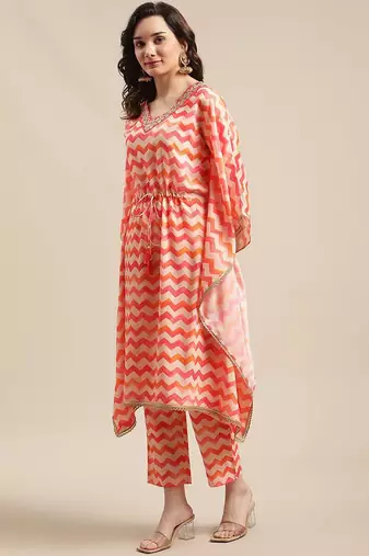 Coral Red Chevron Printed Zari Embroidery Neckline Kaftan Kurta with Trousers
