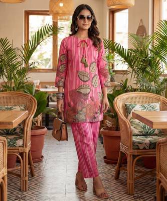 pink floral and striped print straight cotton co-ord set 5
