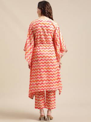 Coral Red Chevron Printed Zari Embroidery Neckline Kaftan Kurta with Trousers 6