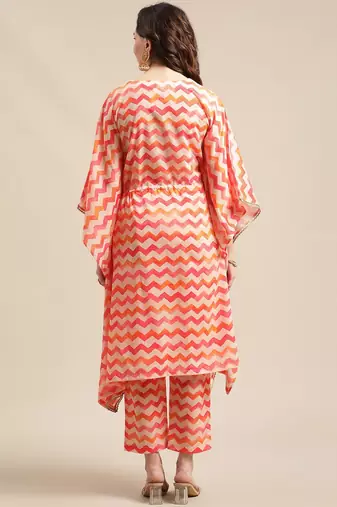 Coral Red Chevron Printed Zari Embroidery Neckline Kaftan Kurta with Trousers