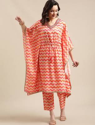 Coral Red Chevron Printed Zari Embroidery Neckline Kaftan Kurta with Trousers 7
