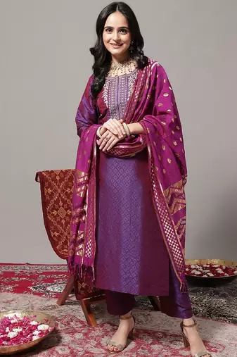 Women Zari Embroidered Yoke Geometric Jacquard Kurta with Trouser & Dupatta